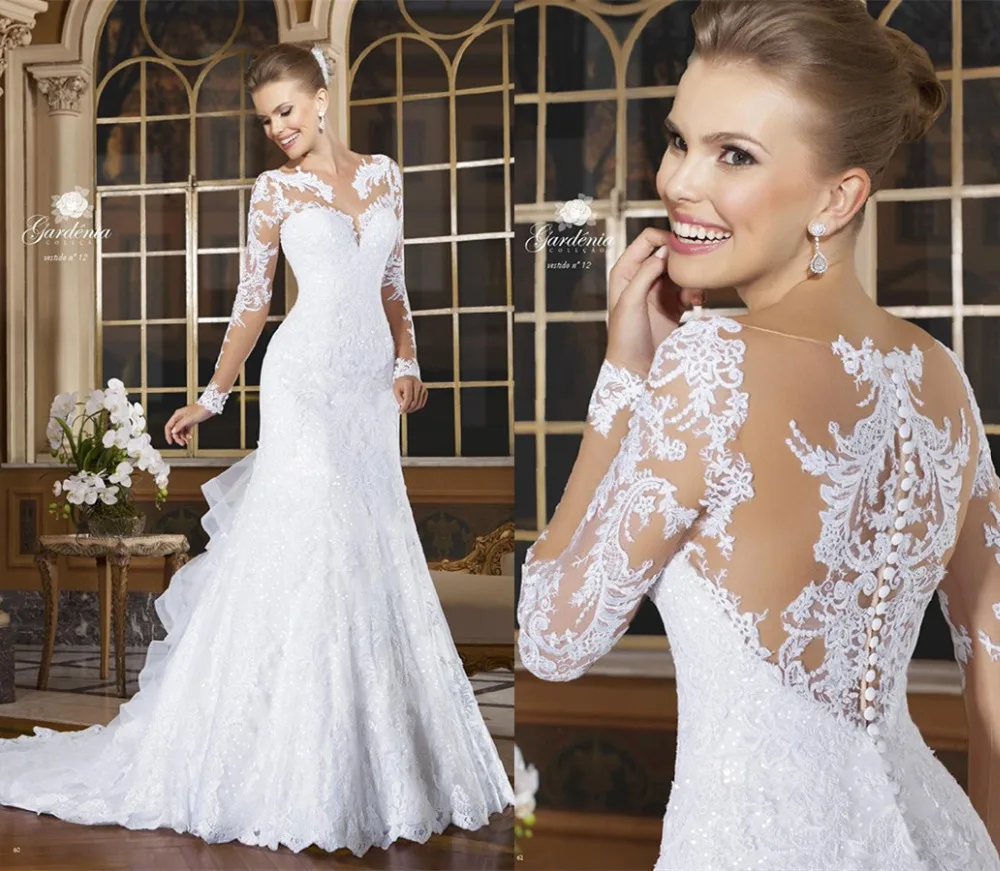 

Sexy Mermaid Wedding Dresses 2015 Romantic Lace Beading Bride Dresses Button Back Long Sleeve Vestido De Noiva Court Train Hot