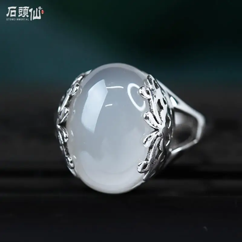 S925 Pure Thai Silver Green Agate Red Garnet Ring Female Old-Fashioned Retro Big Stone Korean Fashion European and American | Украшения и