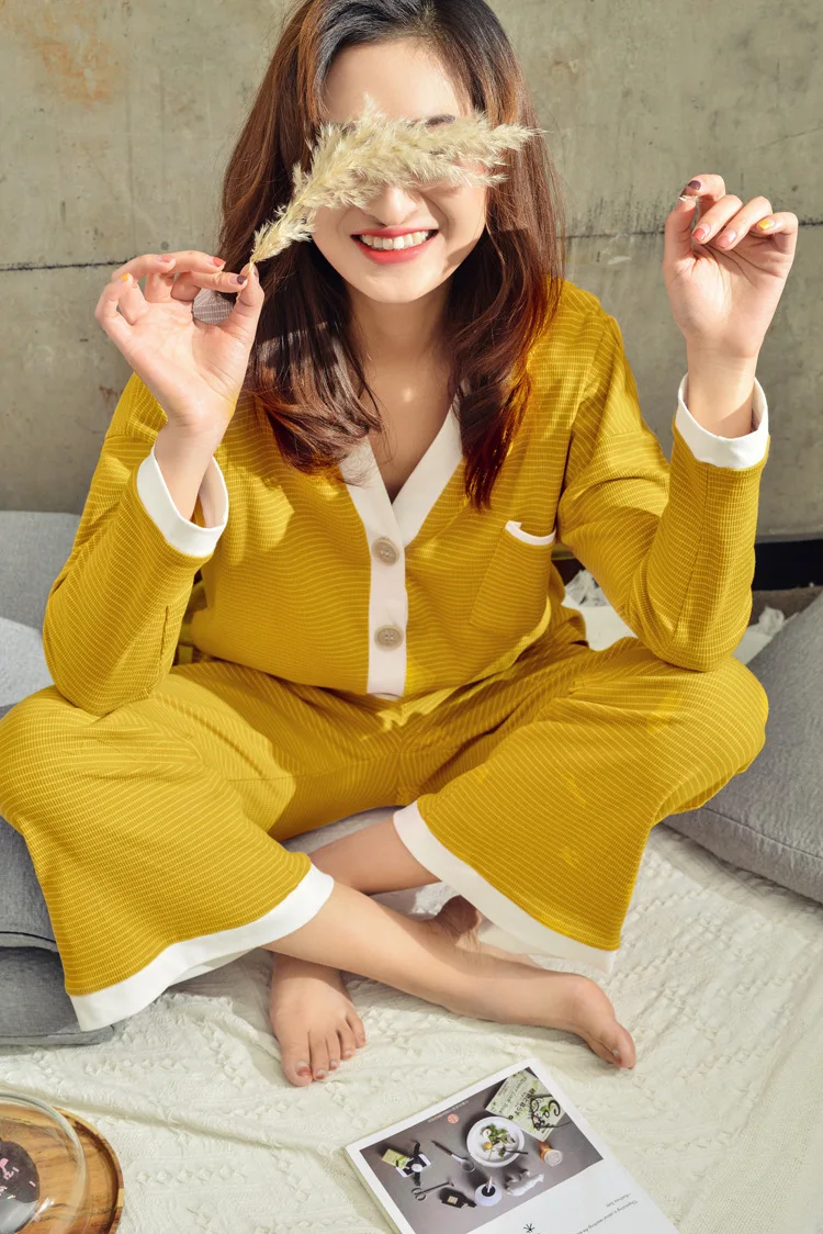 Spring New Striped Home Wear V-Neck Pajama Set Knitted Cotton Women's Pajamas Leisure Long Sleeved Trousers Pyjamas Pj Set