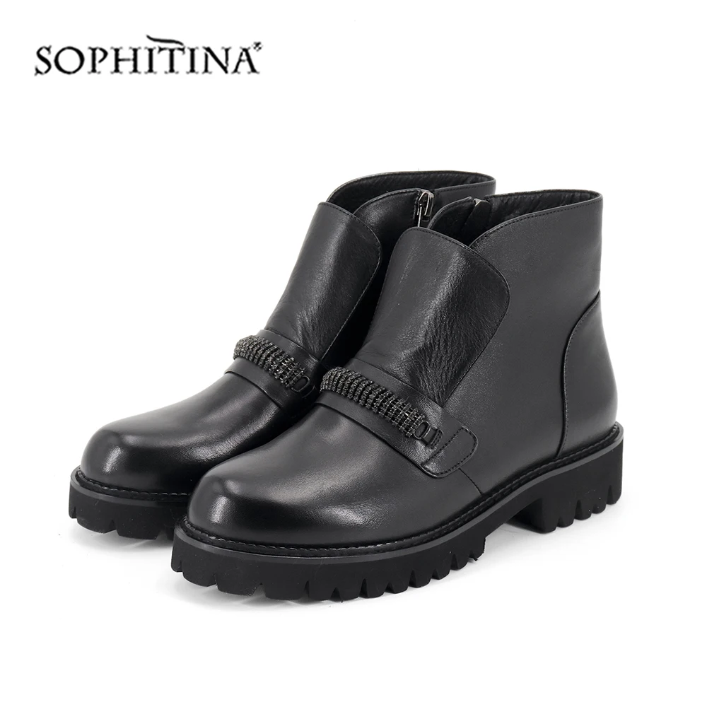SOPHITINA/однотонные ботинки с круглым носком; модная дизайнерская женская обувь из коровьей кожи высокого качества; ботильоны на квадратном каблуке; SC411