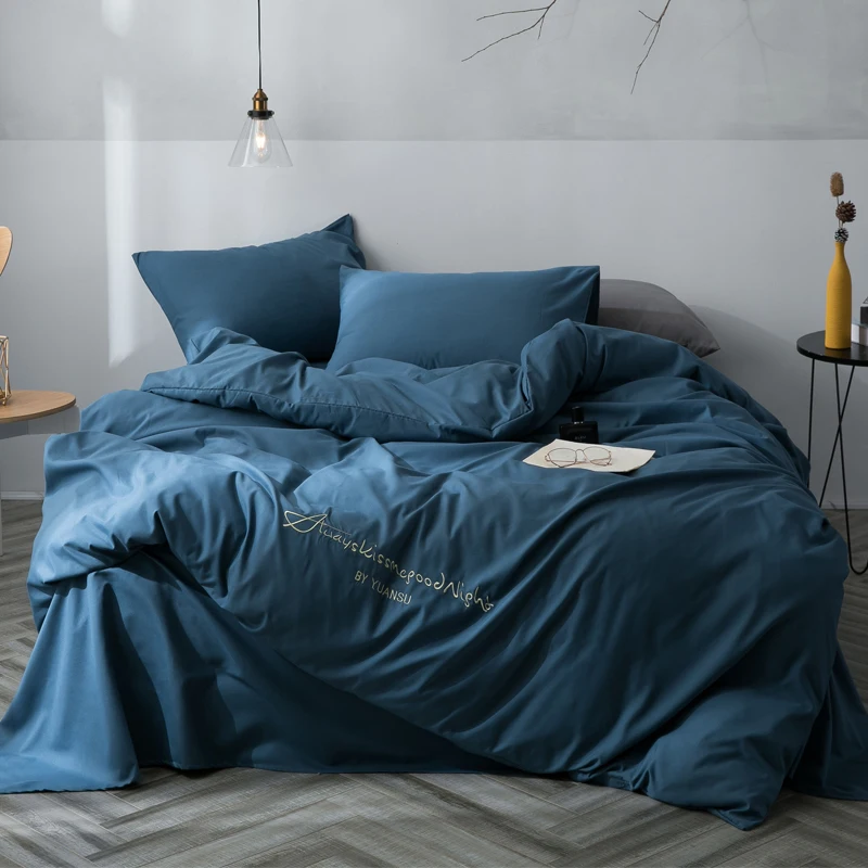 

Letter Embroidered Cotton Bedding Set Home Linen Simple Solid Couple Bedclothes Twin/Queen Duvet Cover Set Flat Sheet Pillowcase