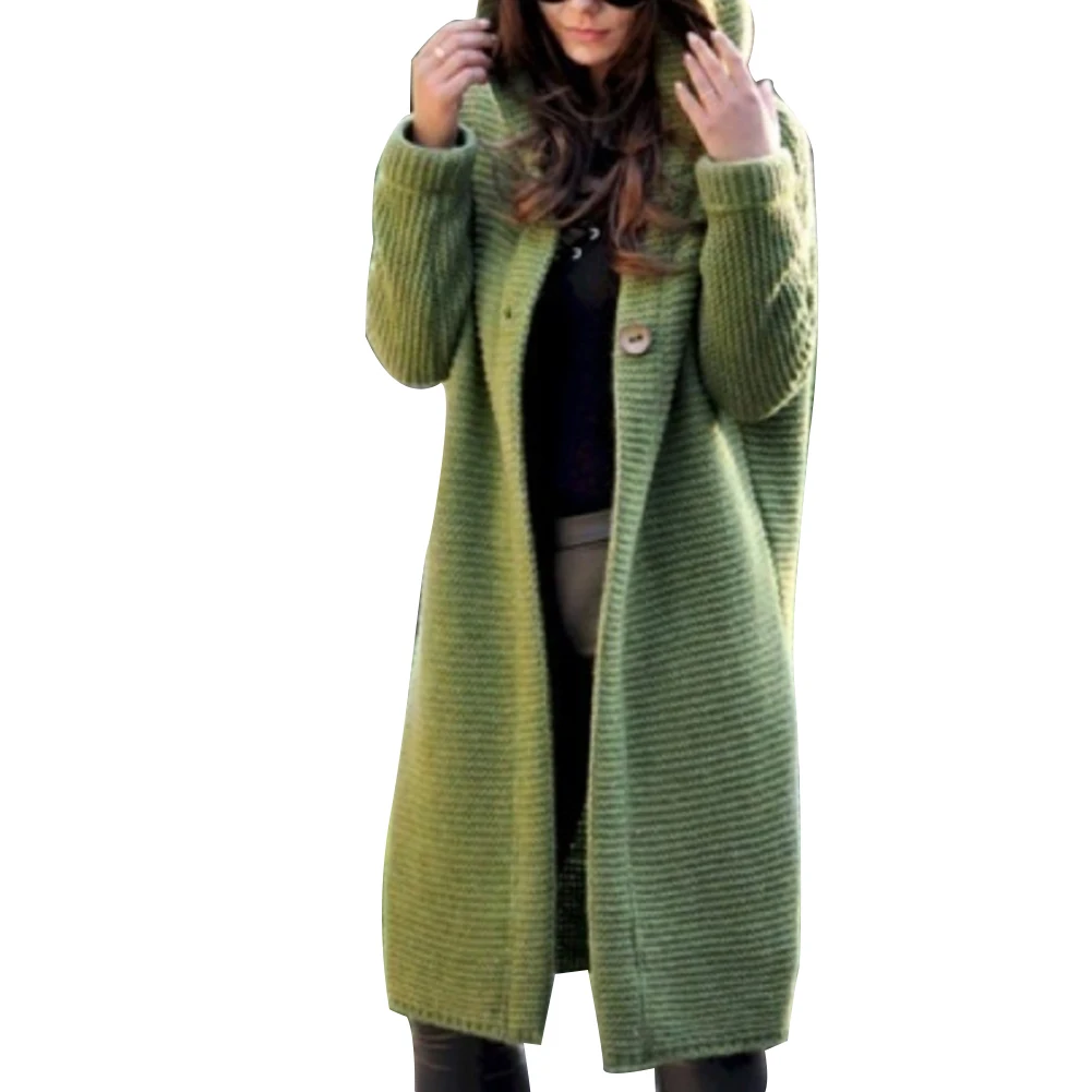 New Arrival Women Autumn Winter Solid Color Button Cardigan Sweater Midi Hooded Coat Outwear