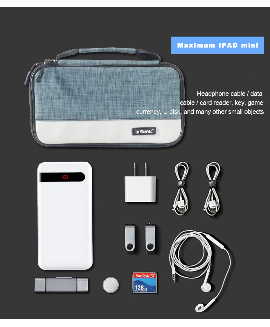 IKSNAIL портативные электронные аксессуары дорожный Чехол-органайзер сумка для гаджета сумка для переноски для iPad кабели питания USB флэш-накопитель зарядное устройство