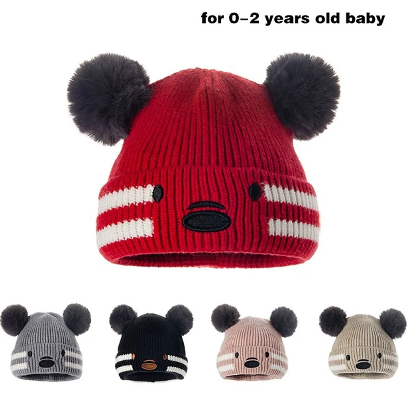 Baby Beanies Double Ball Wool Cartoon Pompom Hat Children Winter Knitted Hats Cute Cap for Girls Boys Thick Kids Beanies