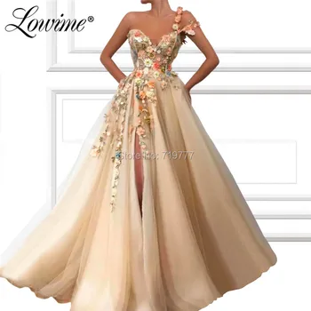 

One Shoulder Sexy Evening Dress Handmade Flowers Arabic Long Beaded Party Gown A Line Prom Dresses Robe De Soiree 2019 Custom
