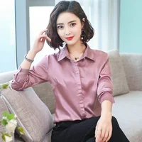 Elegant Office Ladies Work Shirt Women Blouse Long Sleeve Lapel Hidden Buttons Bright Basic Satin Silk Women Shirt Female Tops 4