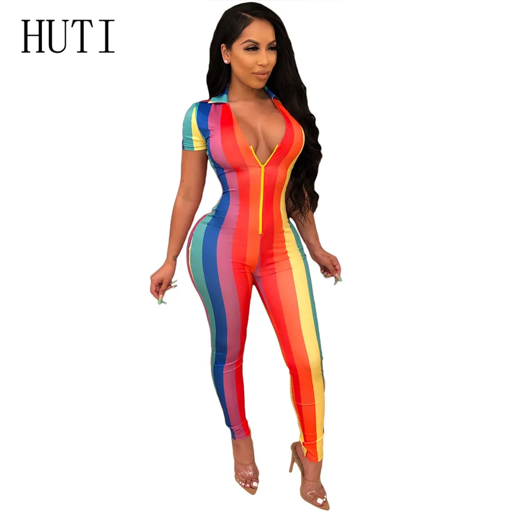 

HUTI Fashion Women Print Jumpsuits Short Sleeve Deep V-neck Zipper Bodycon Playsuits Long Overalls OL Party Retro Bodysuits