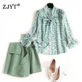 

Young Style Fashion Spring Lady Pants 2Piece Set Women 2020 Designers Bow Collar Print Chiffon Blouse and Shorts Suit Sets