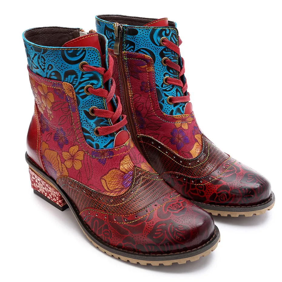 D Knight Vintage Splicing Printed Ankle Boots For Women Shoes Woman Genuine Leather Retro Block Med Heels Fall Winter Women Boot (11)