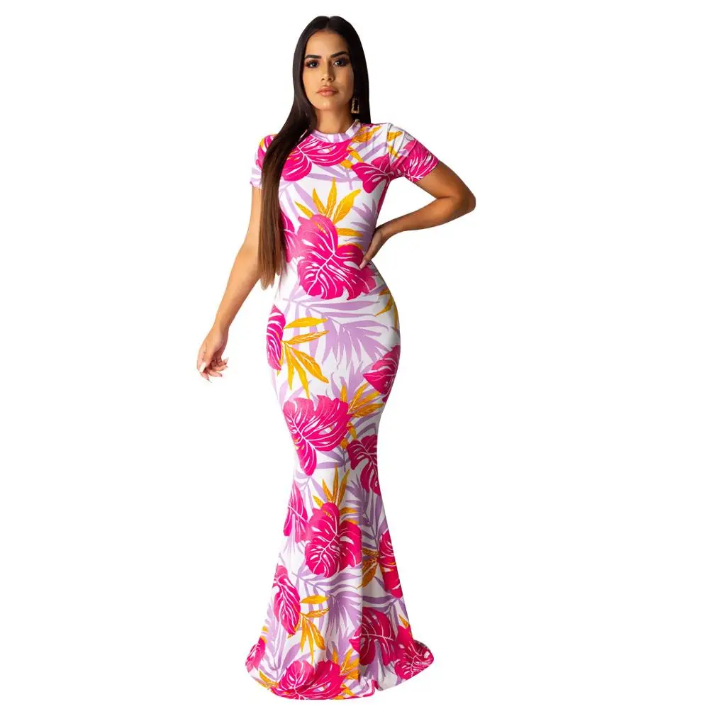 

Back Hollow Sexy Lady Maxi Mermaid Dress Summer O Neck Short Sleeve Elegant Long Robes Pink Printed Party Dress DP8404