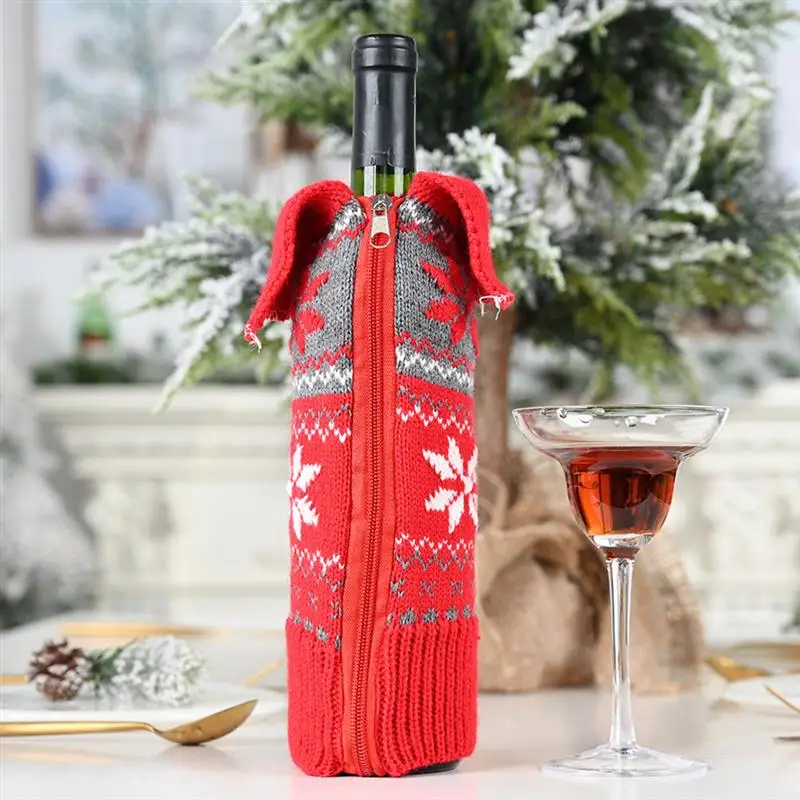 2pcs Christmas Bottle Zippered Cover Christmas Bottle Knitting Pouch Snowflake Printing Red Wine Bottle Cover Xmas Party