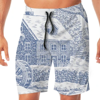 

Men Casual Summer Hawaiian Beach Pants Half Trousers Winter Barn Farmhouse Hand Drawn