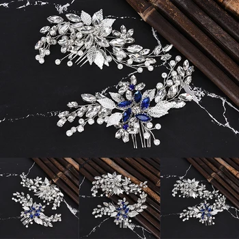 

1pc Leaf Hair Combs Silver/Blue Crystal Wedding Hair Accessories Pearl Women Bridal Hair Jewelry Tiara Handmade Elegant Ornament
