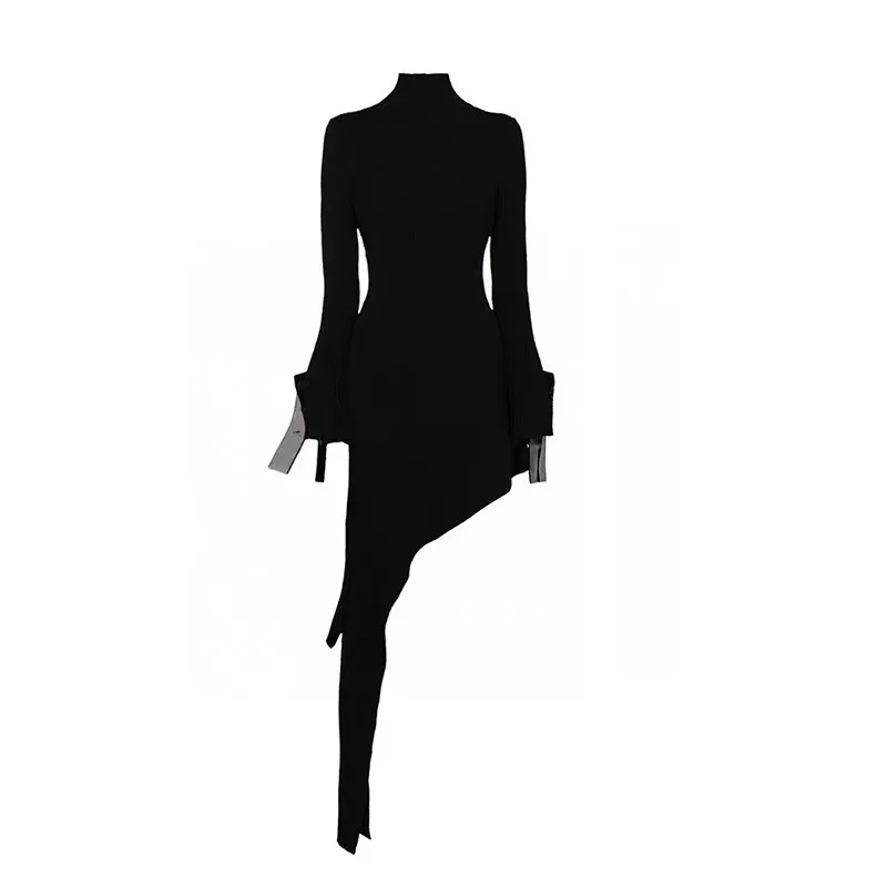 

High Quality Designer Clothes 2020 Autumn New Fashion Blogger Sleeve Elegant Irregular Bodycone Knit Sweater Dress Women