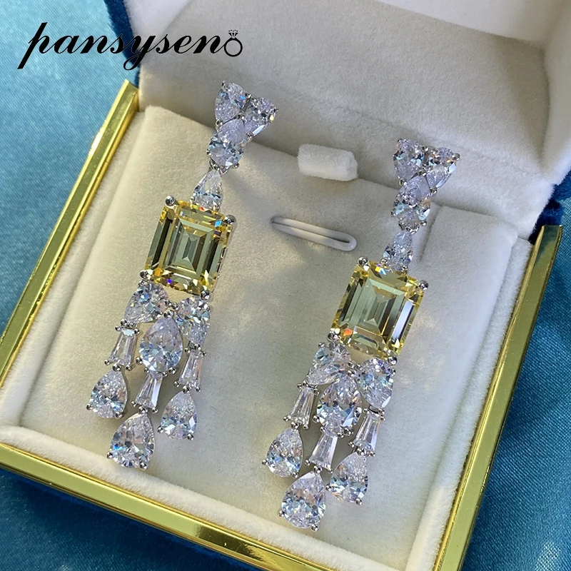 

PANSYSEN Luxury Emerald Cut 100% 925 Sterling Silver Created Moissanite Citrine Diamond Dangle Drop Earrings Women Fine Jewelry