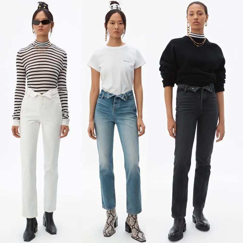 

2020 Spring Women's Personalized Flanging High Waist Straight Jeans Pant A2