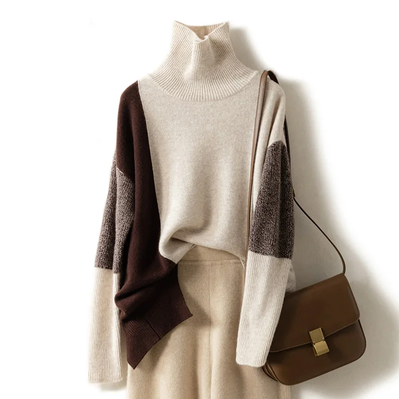 

2021 Autumn/winter turtleneck Cashmere sweater women's 100% pure wool sweater with a loose and lazy style contrast color knit ba