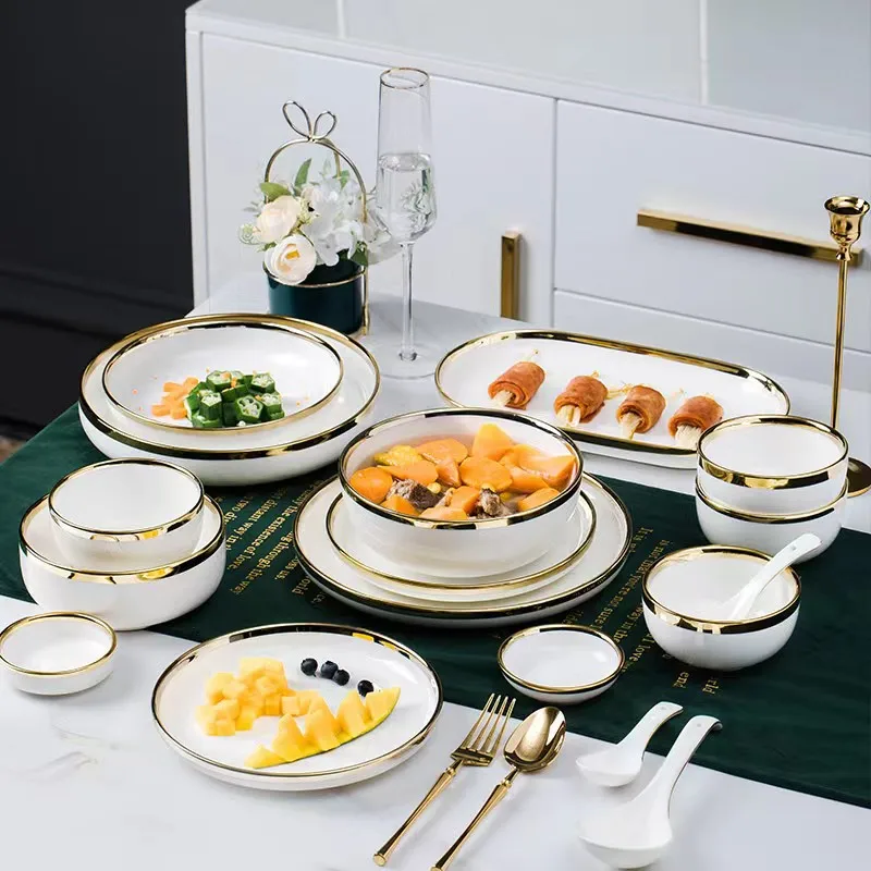 Bright Gold Rim White Porcelain Kitchen Dinner Plate Ceramic Tableware Food Dishes Rice Salad Noodles Bowl 1pcs
