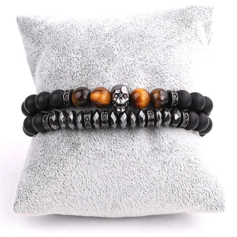 Jewelry factory selling fashion design matte onyx tiger eye CZ skull charm beaded bracelet men jewelry - Image 4