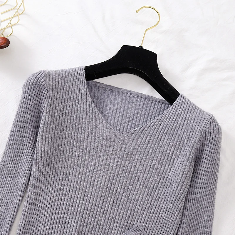 Базовый однотонный осенне-зимний свитер с v-образным вырезом, пуловер для женщин, женский вязаный свитер, тонкий свитер с длинным рукавом, зимняя одежда для женщин