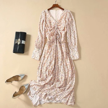 

HIGH QUALITY Newest Fashion 2020 Runway Dress Women's Long Sleeve Floral Print Pleated Mid-calf Dress
