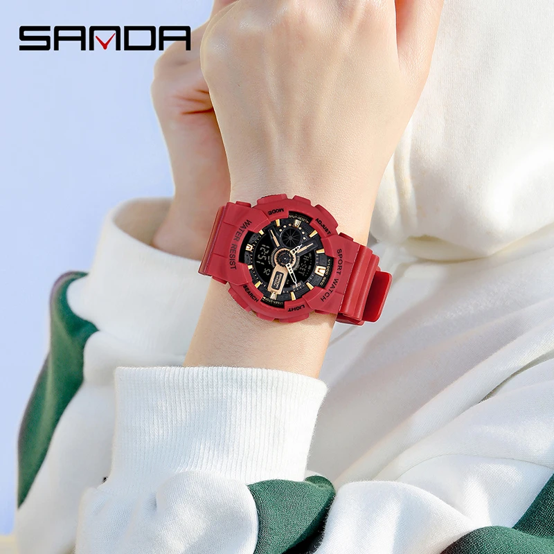 SANDA Women Dual Display Watch Fashionable Multifunctional Luminous HD LED Digital Scale 30M Waterproof Womens Sports Watches