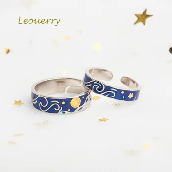 

Leouerry Genuine Van Gogh's Starry Sky Couple Ring S925 Silver Enamel Craft Sun Star Opening Rings for Women 925 Silver Jewelry