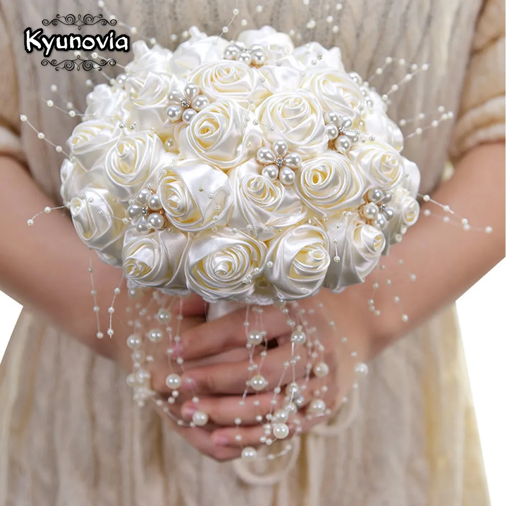 Bridal Bouquet Ivory/Purple Wedding Rhinestone Brooch Bouquets Romantic Handing Holding Flowers Crystal Pearl Beaded Silky Roses Color : Ivory