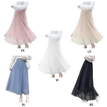 

Women Mesh Imitation Pearl Beading Skirt Lady Elastic High Waist Pleated Flared Solid Color A-Line Mid Calf Long Swing Skirt