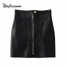 Женская стильная мини-юбка из искусственной кожи на молнии, украшенная карманами, черная зеленая Базовая женская повседневная юбка