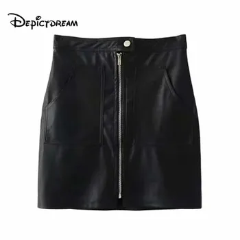 

2019 women stylish PU leather mini skirt zipper decorate pockets black green basic female casual skirts mujer