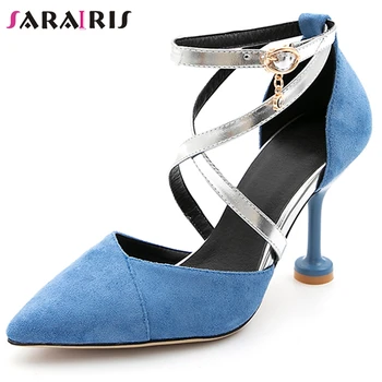 

SaraIris Sexy Female Thin Belt Metal Pointed Toe High Heel Sandals Dress Party Sandals Women Summer Shoes Woman
