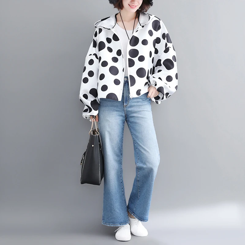 

2019 Plus Size Hooded Jacket Women Coat Oversize Vintage Zipper Polka Dot Jacket Loose Chaqueta Mujer Autumn Winter 4XL 5XL 6XL