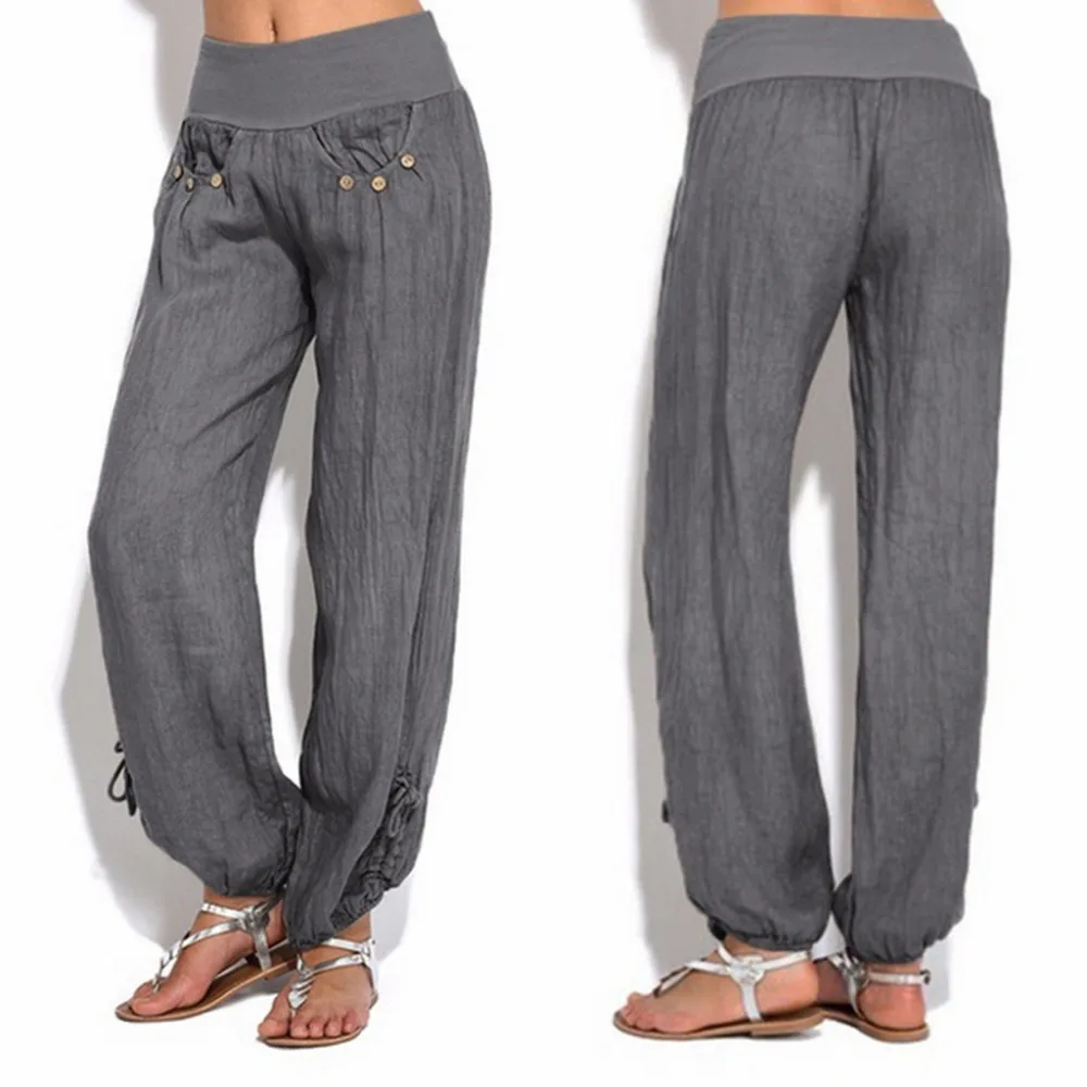 2020Fashion Women Solid Buttons Cotton And Linen Casual Loose Trouser Wide Leg Pants High Waist Joggers Pants Capris Good Fabric 2020Fashion Women Solid Buttons Cotton And Linen Casual Loose Trouser Wide Leg Pants High Waist Joggers Pants Capris Good Fabric