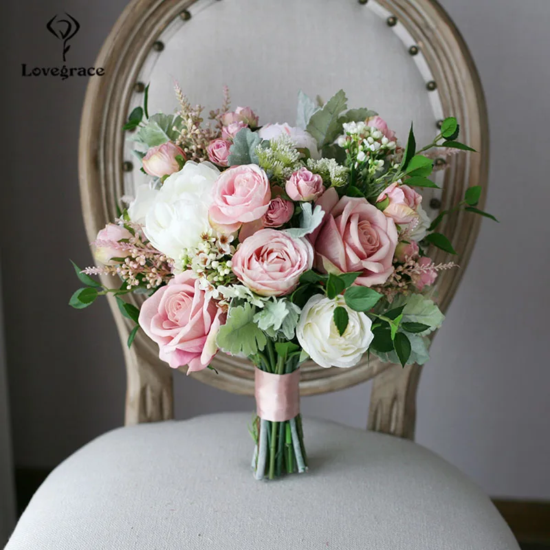 

Lovegrace Bride Wedding Bouquet Artificial Silk Rose Fake Flower Bridesmaid Holding Bouquets Pink White Wedding Table Decoration
