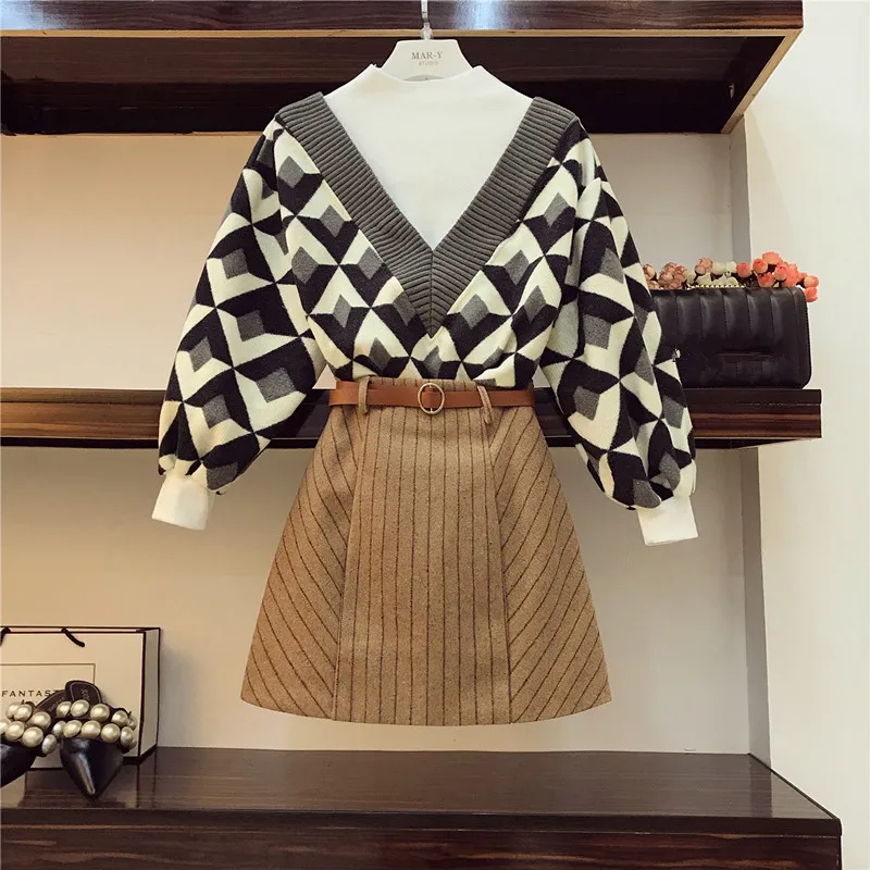 

Striped Skirt Two Piece set Autumn Winter New Half Turtleneck Fake two-piece Stitching Geometric Pattern Sweater Sets With Belt