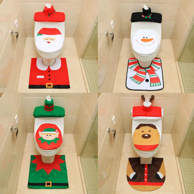 3pcs Christmas Decorations for Home Bathroom Toilet Seat Cove Paper Rug Natal Christmas Ornaments Santa New Year Decor navidad