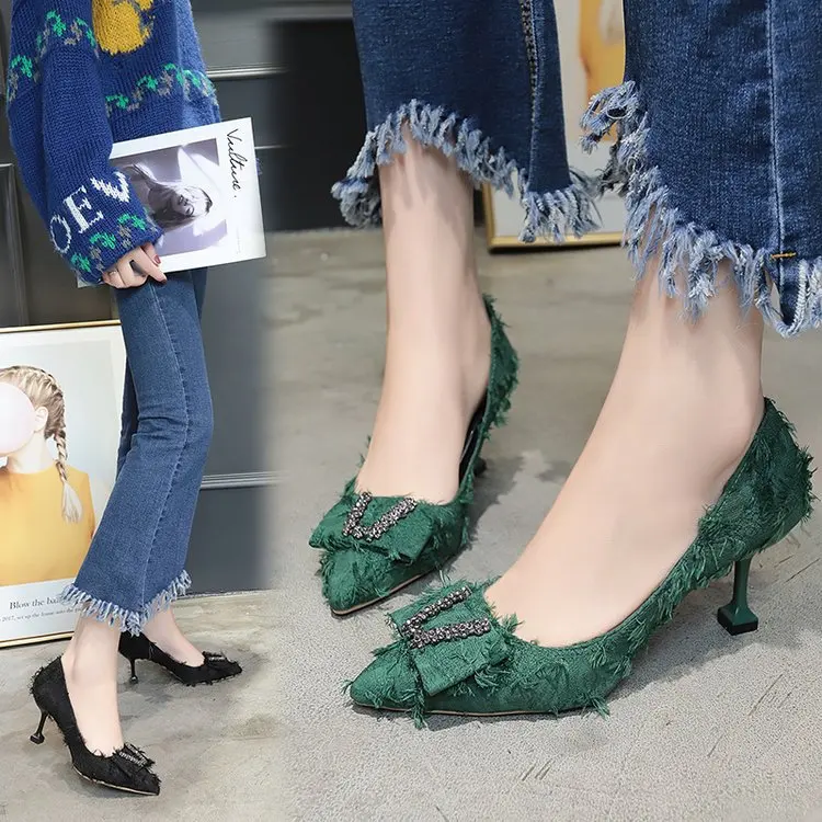 

Green High Heel Shoes Versatile 2019 Spring And Autumn New Style Online Celebrity Pointed-Toe Thin Heeled-Small WOMEN'S Shoes