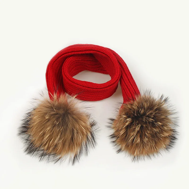 Зимняя теплая шапка, шарф, комплект для мальчиков и девочек из 2 предметов, шапка с помпонами из лисьего меха, детская вязаная шапка с помпоном, шарф, костюм высокого качества