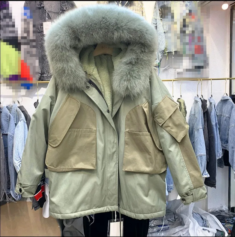 Женское пальто с хлопковой подкладкой, новинка зимы, Корейская теплая куртка с подкладкой из овечьего меха, Женская куртка с меховым воротником, парка с капюшоном, свободные пальто