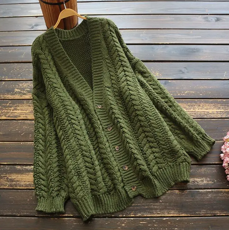 Весна, женский свитер, вязаный, новинка, Мори, девушка, свободный, сплошной цвет, твист, однобортное, вязаное пальто кардиган свитер, зима - Цвет: Зеленый
