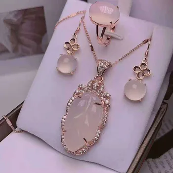 

Chalcedony set 925 silver inlaid agate chalcedony Necklace Pendant ring earrings three piece set