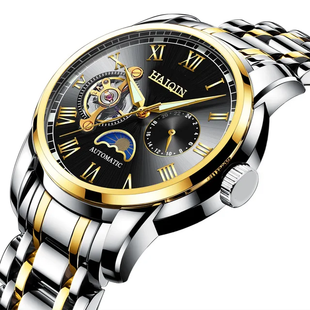 S-Gold Black Fahion бренд HAIQIN Tourbillon механические мужские часы деловые военные спортивные наручные часы светящаяся указка reloj hombre - Цвет: S-Gold Black