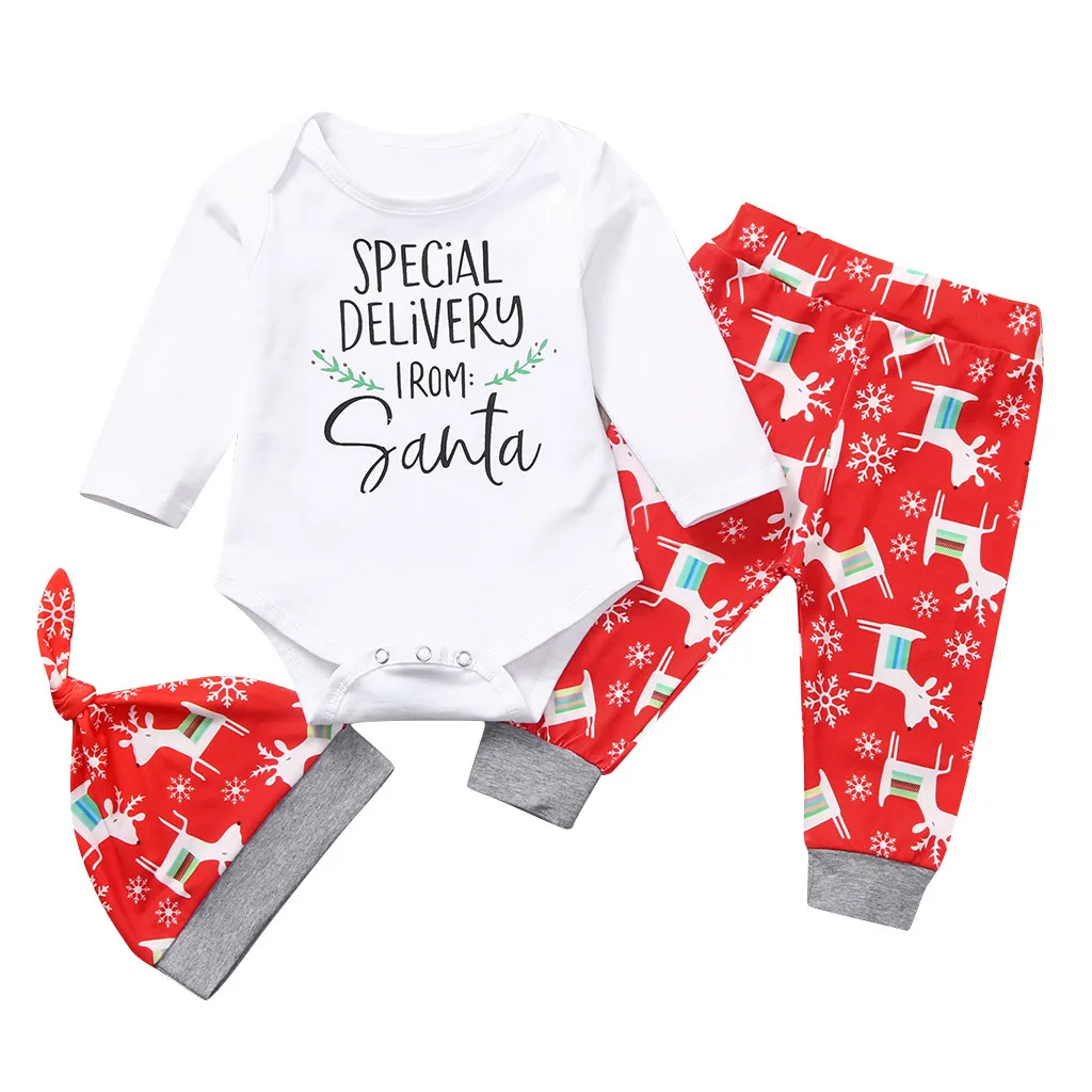 Новая одежда для малышей осенняя одежда для новорожденных Рождественский комбинезон с буквенным принтом для маленьких девочек и мальчиков, брюки с оленем, шапки, комплект одежды# guahao