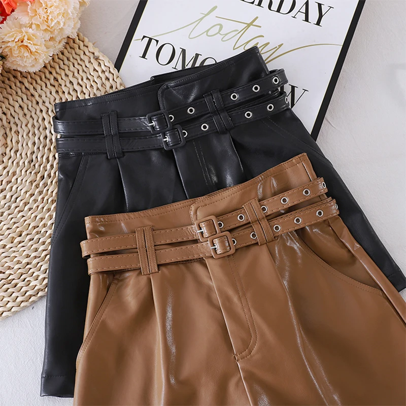 Black Khaki Color PU Leather High Waist With Double Belts Wide Leg Faux Leather Shorts Autumn Winter Loose PU Shorts