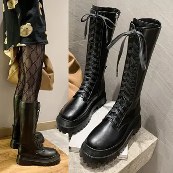 

Fashion Platform Women Martin boots lace up black handsome Thick bottom Korean Style Motorcycle Female Shoes Botas Mujer 2020