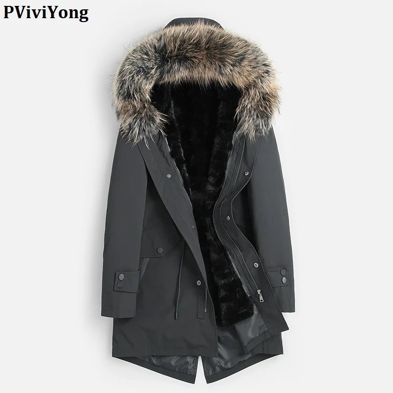 PViviYong зимняя высококачественная мужская куртка с капюшоном из натурального меха норки, воротник из меха енота, приталенная мужская куртка-парка 91L901 - Цвет: Черный