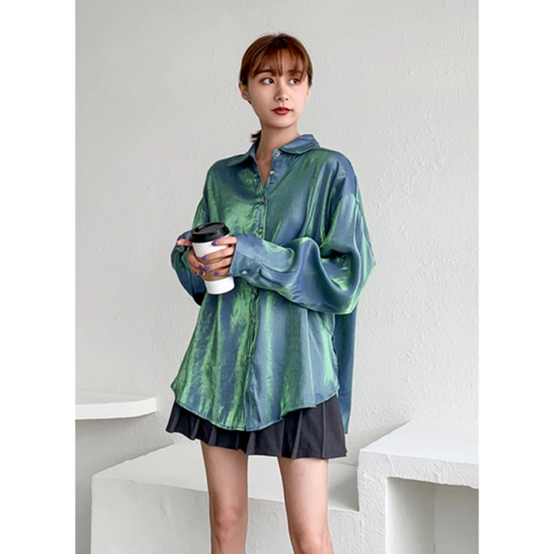 

Spring Autumn Korea Fashion Women Long Sleeve Loose Shirt Tops Shining Bright Satin Face Smooth Blouses Female Blusas D572