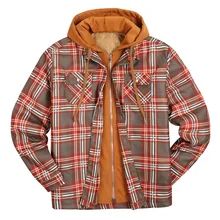 

Men's Winter Spring Plaid Jacket Long-Sleeved Hooded Fake Two Pieces Cotton Padded Coat Men Parka Zipper Button Thick Warm