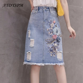 

New Spring Women's Gorgeous Dimensional Flower Denim Skirt Sexy Holes Jeans Skirts Back Split Tassel Pocket Casual Woman Skirt